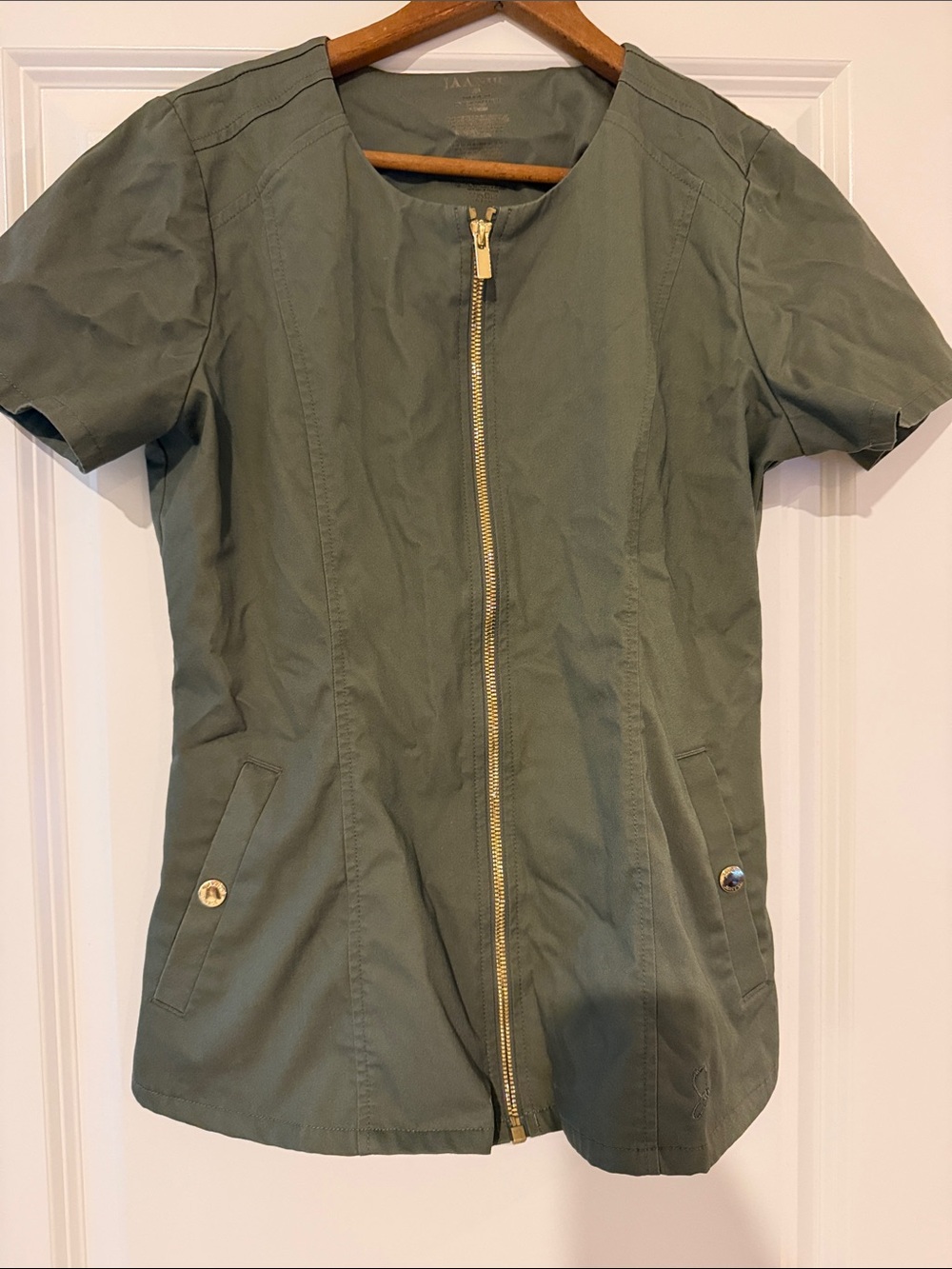 Jaanuu Olive Green Zip-Front Women’s Scrub Top
